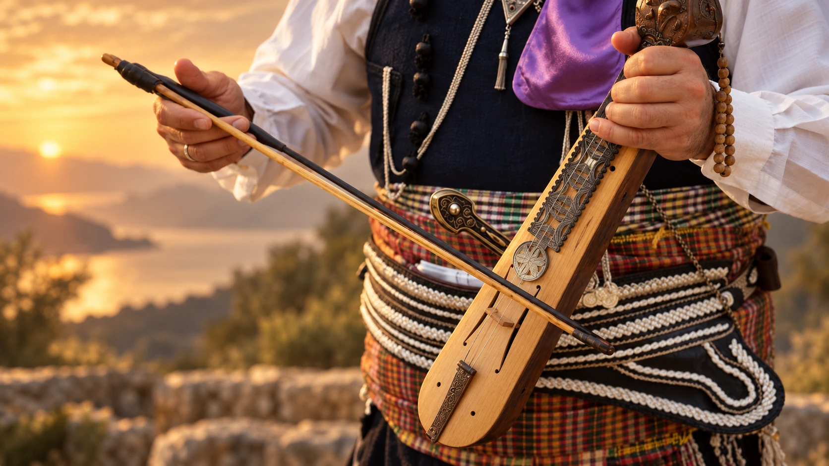 Κοντινό πλάνο σε ποντιακή λύρα, παίζεται από άνδρα με παραδοσιακή στολή