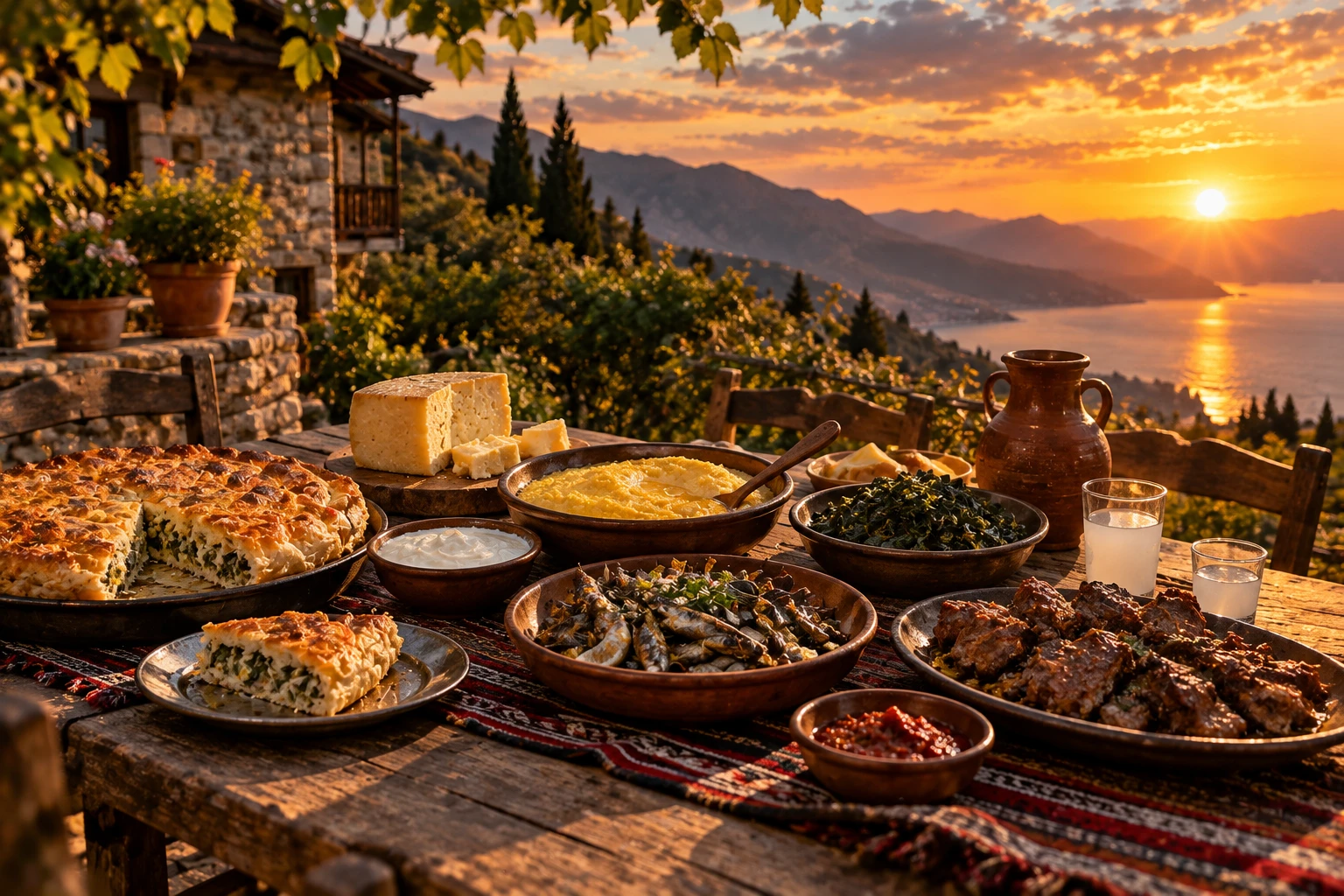 Παραδοσιακό ποντιακό τραπέζι με πίτες, τυριά και μεζέδες